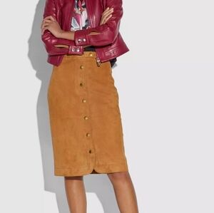 Coach Suede Skirt Midi Buttons Canyon Tan Camel Brown Size 00 X-SMALL NWT